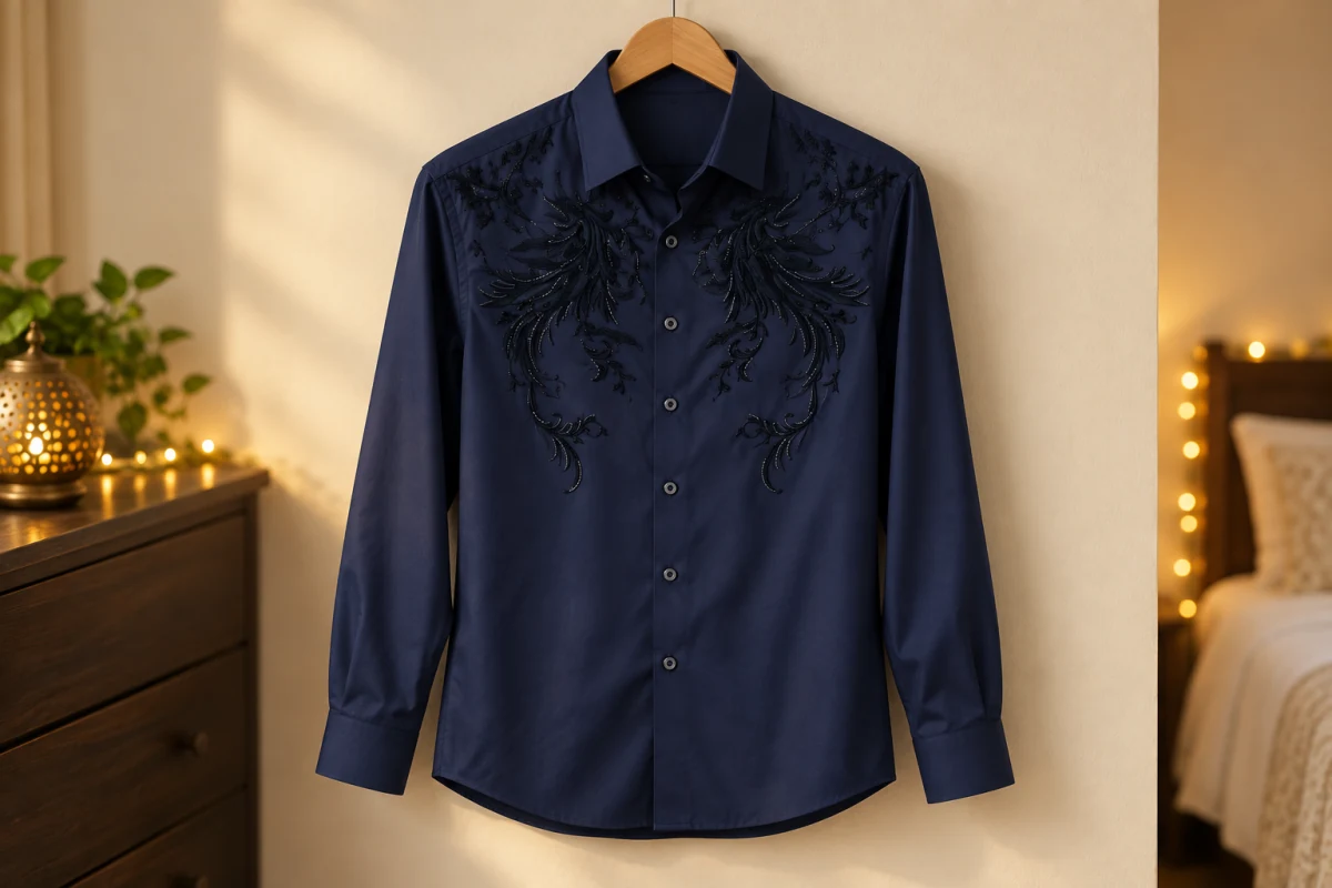 Navy button-down shirt with dark embroidered chest motifs hanging in a softly lit room.
