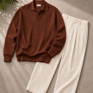 Men's Brown Ribbed Polo Sweater and Off-White Trousers Set