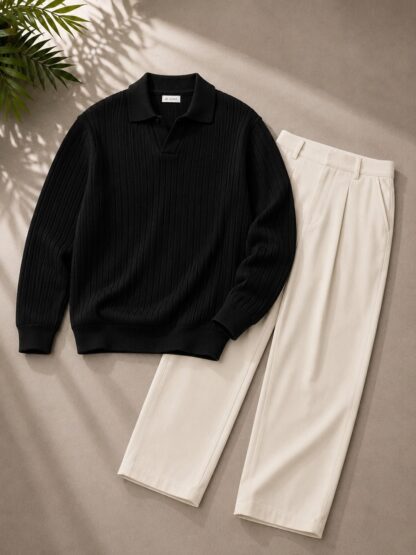 Men's Ribbed Polo Sweater and Trousers Set, Assorted Colours