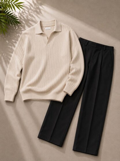 Men's Ribbed Polo Sweater and Trousers Set, Assorted Colours