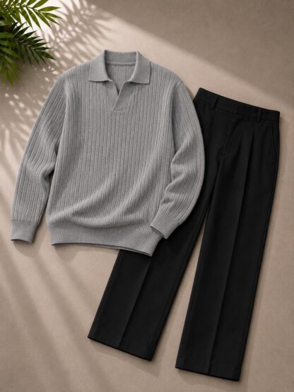 Men's Ribbed Polo Sweater and Trousers Set, Assorted Colours