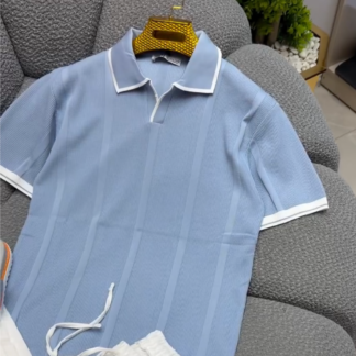 Men's Sky Blue Ribbed Polo and White Trousers Set