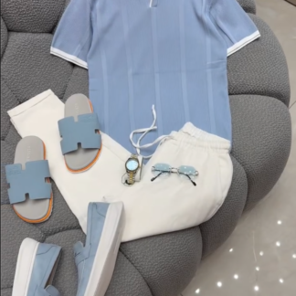 Men's Sky Blue Ribbed Polo and White Trousers Set