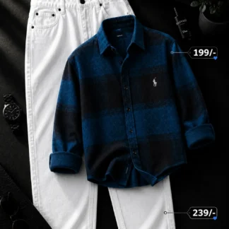 Men's Navy Check Shirt and White Straight-Fit Jeans Set