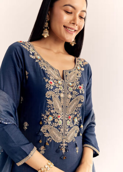 Navy Blue Kurta Set with Mirror-Look Embroidery