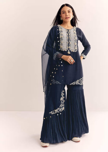 Navy Embroidered Kurta and Sharara Set with Dupatta