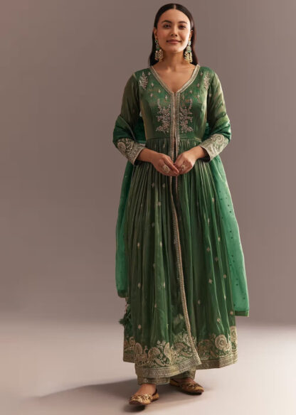 Green Embroidered Anarkali Kurta Set with Dupatta
