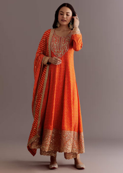 Orange Embroidered Anarkali Kurta Set with Dupatta