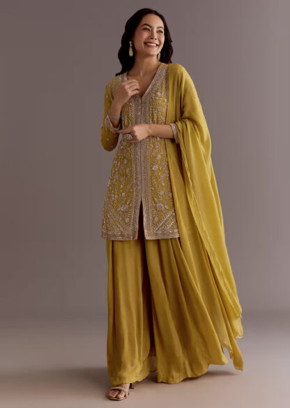 Mustard Gold Embroidered Kurta and Sharara Set with Dupatta