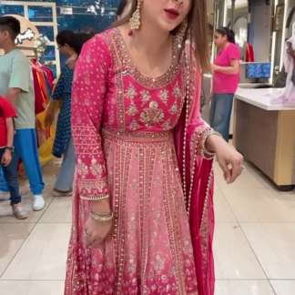 Pink Crepe Tie-Dye Anarkali Gown with Mirror Work and Dupatta