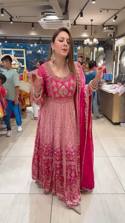 Pink Crepe Tie-Dye Anarkali Gown with Mirror Work and Dupatta