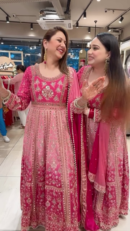 Pink Crepe Tie-Dye Anarkali Gown with Mirror Work and Dupatta