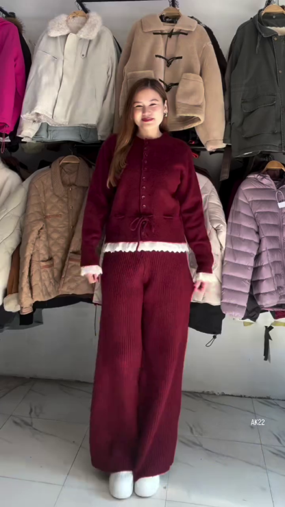 CozyCharm Button-Front Knit Top and Ribbed Wide-Leg Pants Set