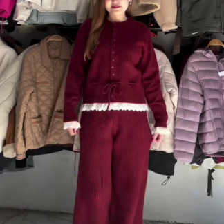 CozyCharm Button-Front Knit Top and Ribbed Wide-Leg Pants Set