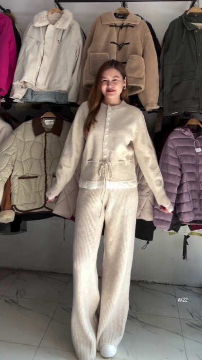 CozyCharm Button-Front Knit Top and Ribbed Wide-Leg Pants Set