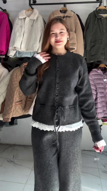 CozyCharm Button-Front Knit Top and Ribbed Wide-Leg Pants Set
