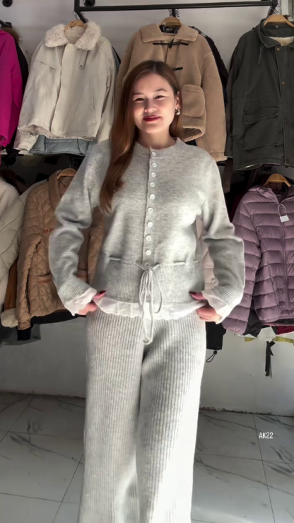 CozyCharm Button-Front Knit Top and Ribbed Wide-Leg Pants Set