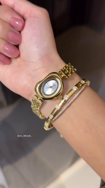 Gold-Tone Oval Dial Watch and Bracelet Set for Women