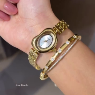 Gold-Tone Oval Dial Watch and Bracelet Set for Women