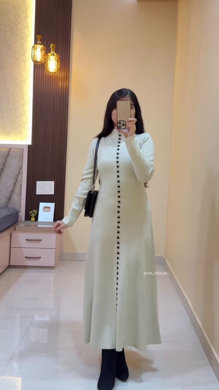 Button-Down Knit Maxi Dress with High Neck