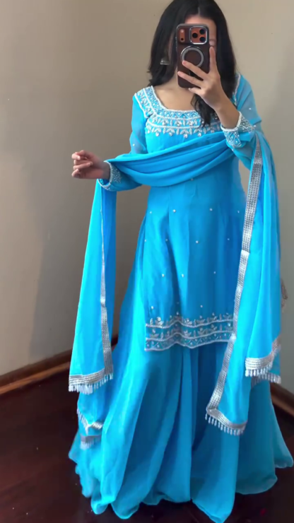 Embroidered Anarkali Suit Set with Dupatta, Orchid Pink or Sky Blue