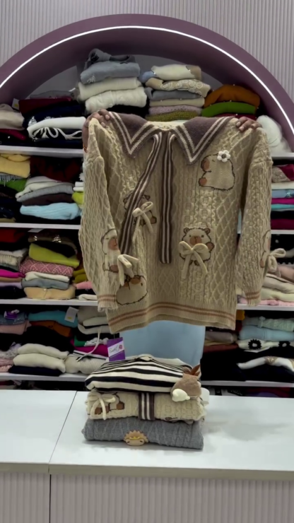 Lion Patch Cable-Knit Sweater with Collar