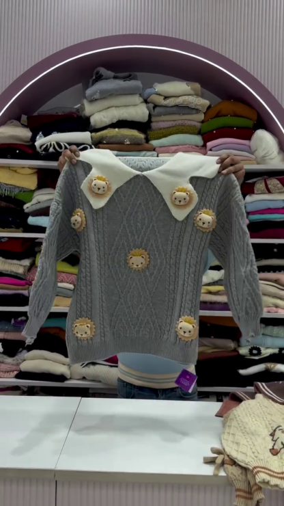 Lion Patch Cable-Knit Sweater with Collar