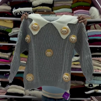 Lion Patch Cable-Knit Sweater with Collar