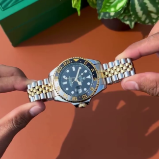 Two-Tone Steel Watch with Black Dial and Rotating Bezel