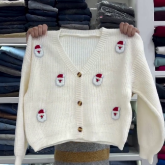 Santa Embroidered V-Neck Knit Cardigan