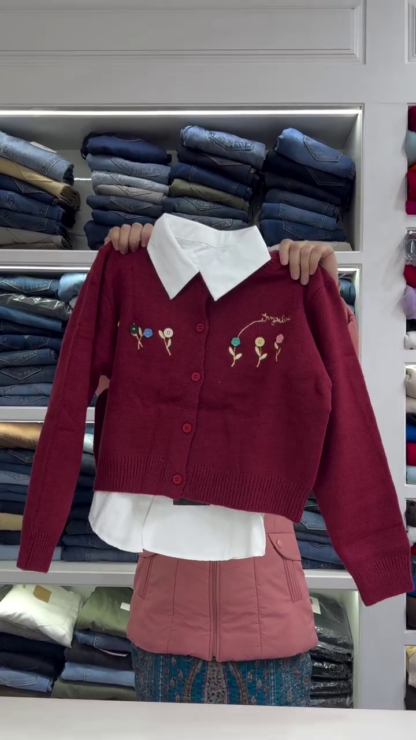 Knit Cardigan with Built-In Shirt Collar and Embroidery