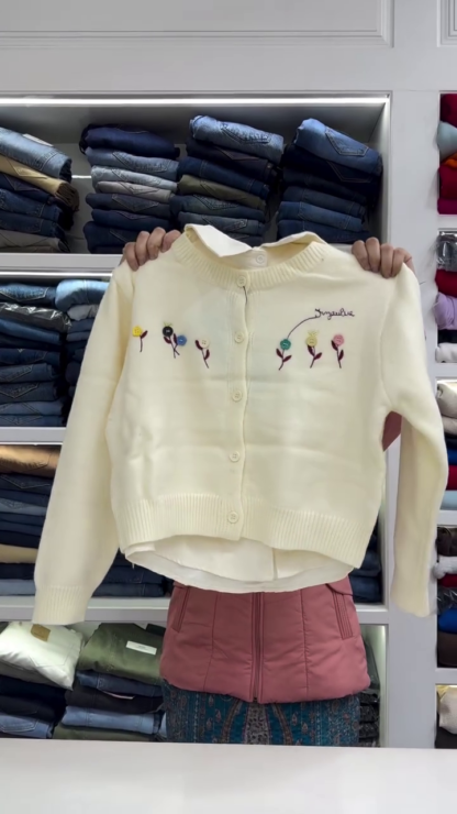Knit Cardigan with Built-In Shirt Collar and Embroidery