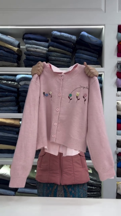 Knit Cardigan with Built-In Shirt Collar and Embroidery