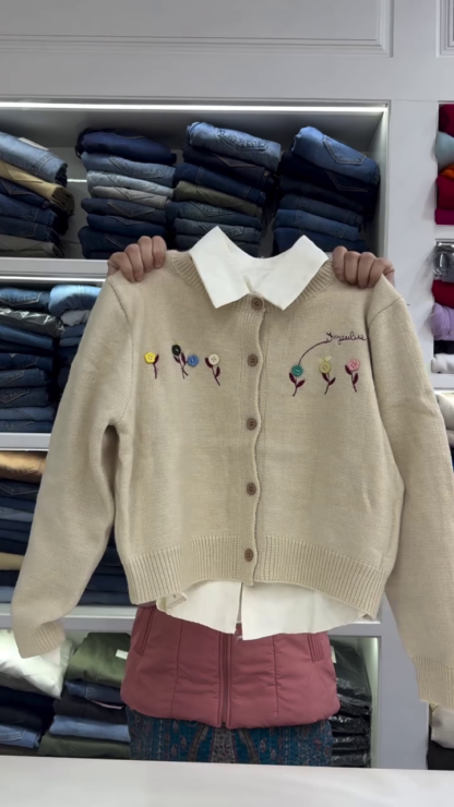 Knit Cardigan with Built-In Shirt Collar and Embroidery