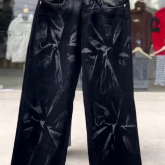 Marble-Wash Wide-Leg Denim Jeans