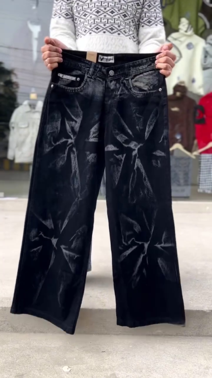 Marble-Wash Wide-Leg Denim Jeans