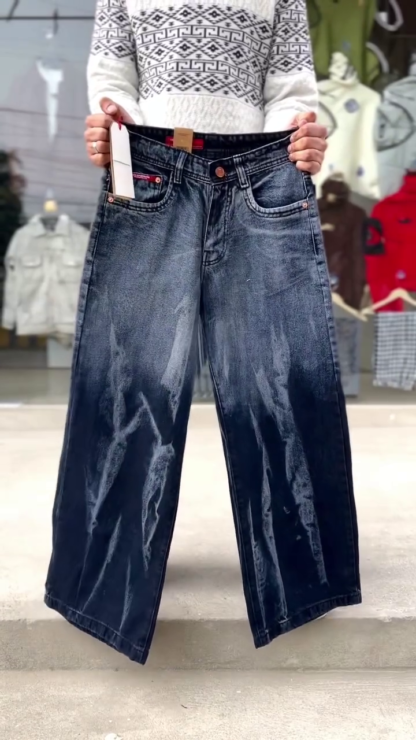 Marble-Wash Wide-Leg Denim Jeans