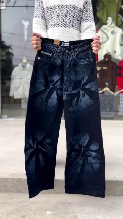 Marble-Wash Wide-Leg Denim Jeans