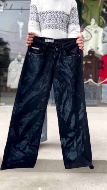 Marble-Wash Wide-Leg Denim Jeans