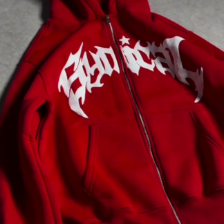 Red Zip-Up Hoodie with White Flame Lettering