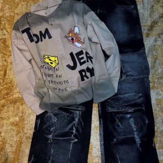 Cartoon Print Baggy Jeans with Matching Button-Up Shirt