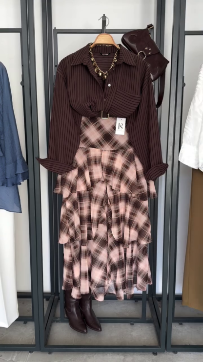 Brown Striped Shirt with Pink and Brown Tiered Plaid Skirt