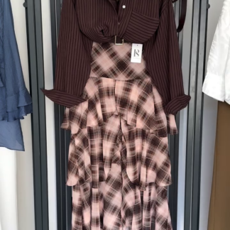 Brown Striped Shirt with Pink and Brown Tiered Plaid Skirt