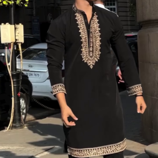 Men's Black Kurta with Gold Embroidered Neckline