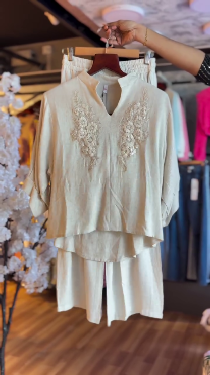 Ivory Embroidered Co-ord Set with V-Slit Neckline