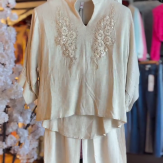 Ivory Embroidered Co-ord Set with V-Slit Neckline