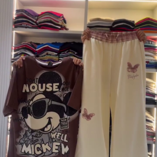 Brown Cartoon Mouse Tee with Butterfly Embroidered Wide-Leg Pants