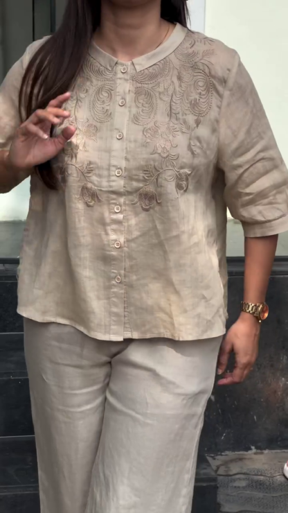 Shirt with Tonal Floral Embroidery, Navy, Beige or Pink