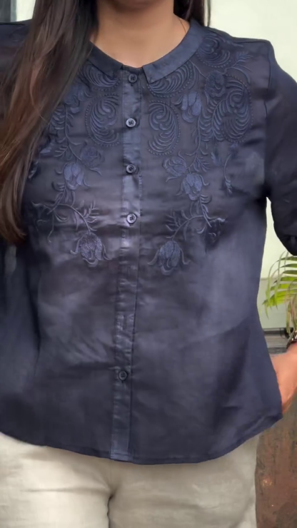 Shirt with Tonal Floral Embroidery, Navy, Beige or Pink