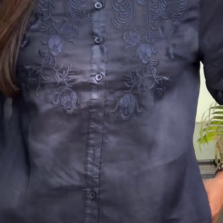 Midnight Navy Shirt with Tonal Floral Embroidery
